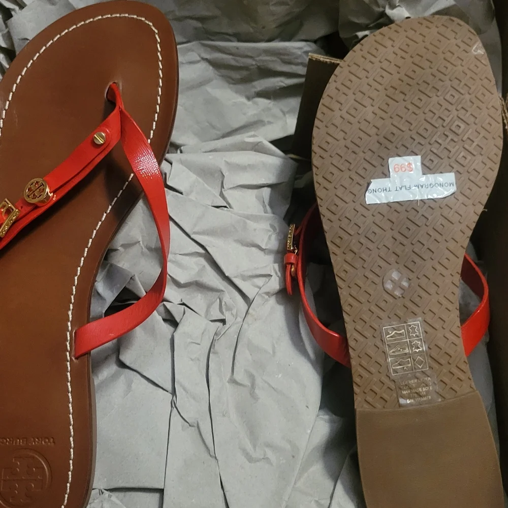 Tory Burch Red Leather Double-Strap Thong Sandals with Gold Logo